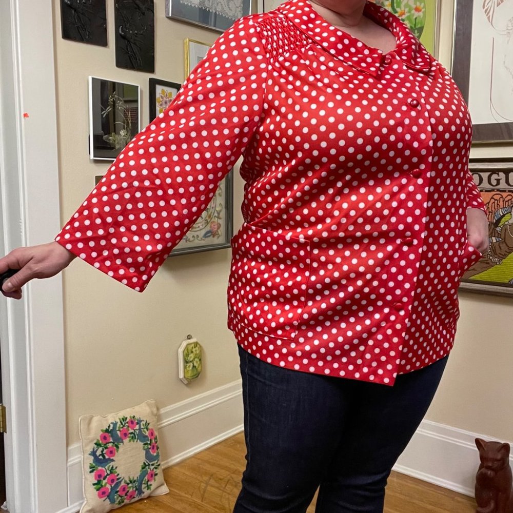 70s Red and White Polka Dot Peter Pan Collar Button Front Shirt Shacket Size 2X. - Picture 3 of 6
